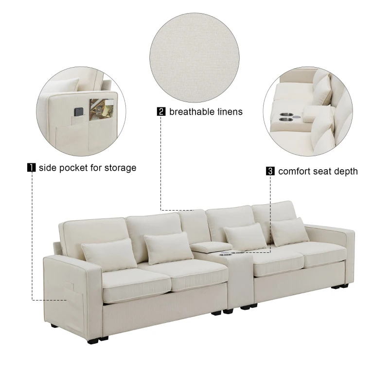 114.5" Modern Linen Fabric Upholstered Sofa with Console, 2 Cupholders, USB Ports, 4 Pillows, 4-Seat, 114.5″ L x 33″ W x 35″ H, Beige
