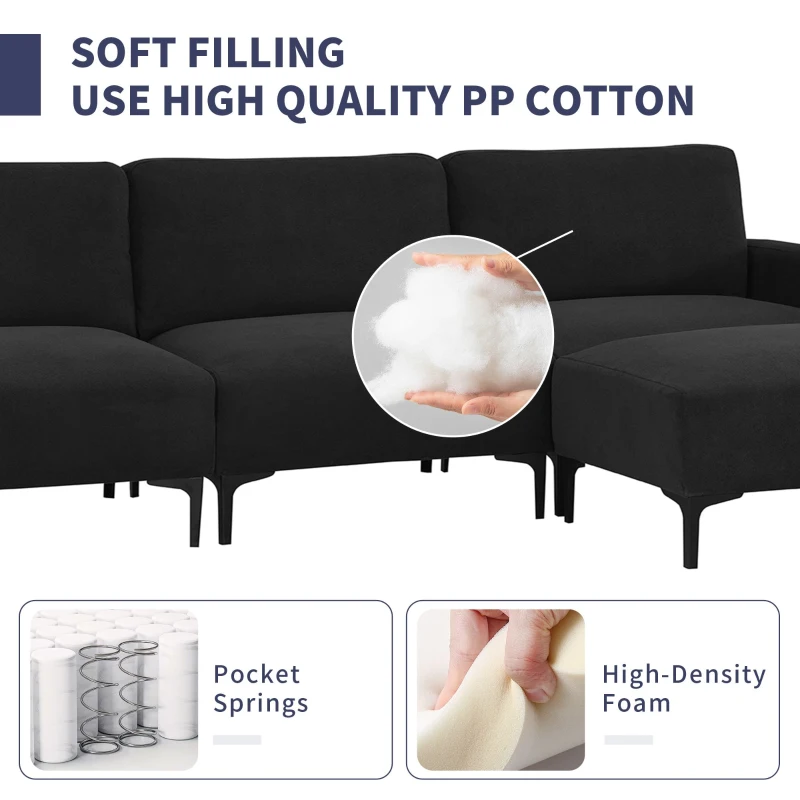 103.5" Modern L-Shaped 4-Seat Velvet Fabric Sectional Sofa Set with Convertible Ottoman, Freely Combinable for Living Room, Black