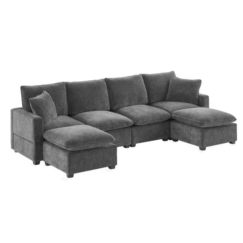110" Modern U Shape Modular Sofa with 2 Pillows, 6 Seat Chenille Sectional Couch Set, Freely Combinable, 110″ L x 57″ W x 37″ H, Black+Gray
