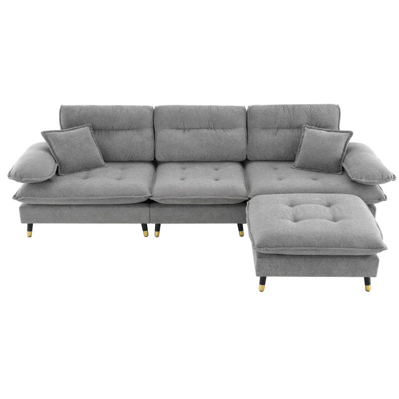106" L-Shaped Convertible Tufted Sectional Sofa with 4-Seat, Adjustable Legs, Movable Ottoman for Living Room, 106″ L x 66.5″ W x 34″ H, Gray