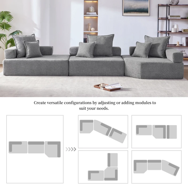 Oversized Modular Sectional Sofa with 3-Piece Free Combination, Convertible Sleeper Couch for Living Room, 151.5" L x 47.5" W x 24.5" H, Gray