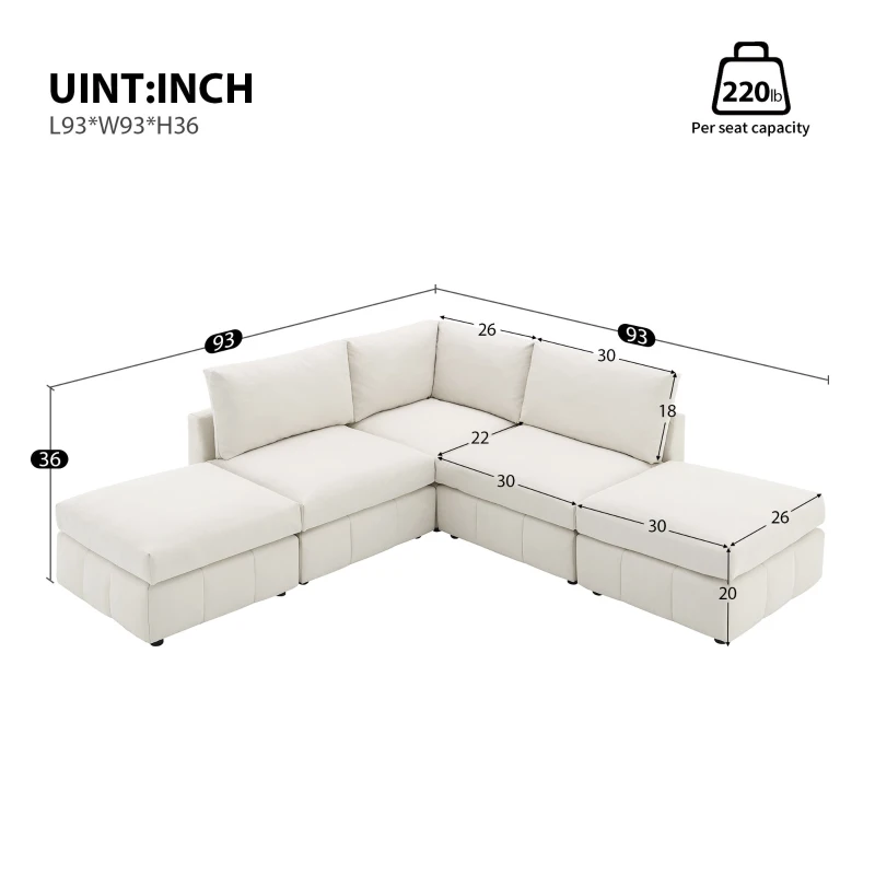 93" Modern Sectional Sofa with Convertible Ottomans and Vertical Stripes, 5-Seat L-Shape Armless Couch Set for Living Room, Beige