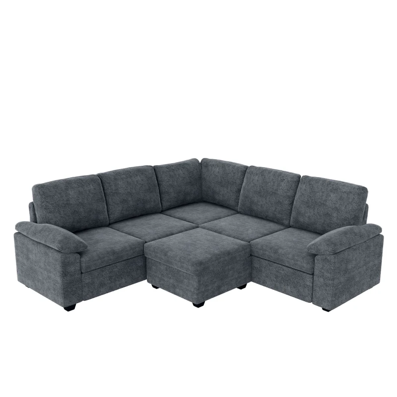 84" x 84" Modern Velvet Sectional Sofa Set with Ottoman and Armrest Pillow, 6-Seat Furniture for Living Room, 84″ L x 84″ W x 35″ H, Gray