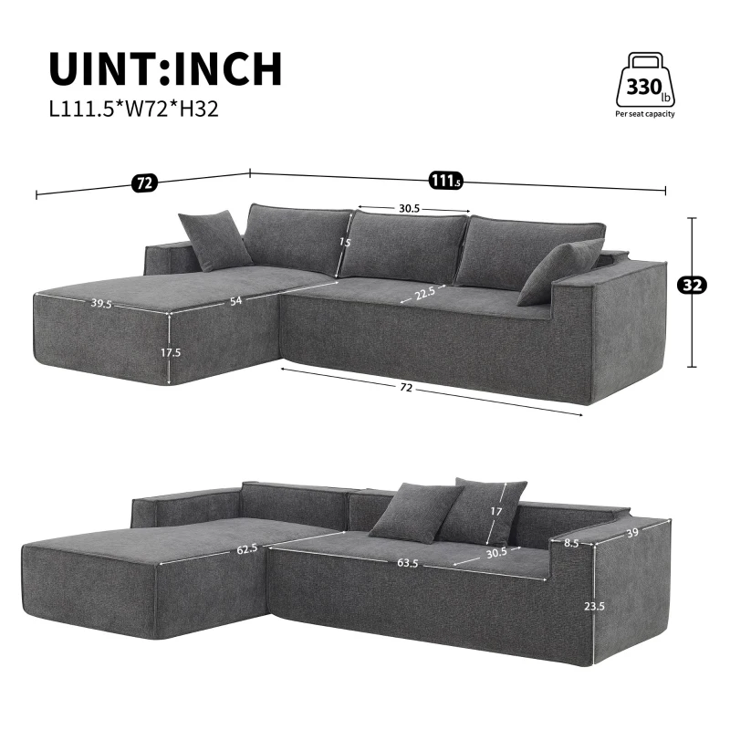 Minimalist Modular Sectional Sofa, Wrinkle-Resistant Chenille, L-Shaped Sleeper, No Assembly Required, 111.5" L x 72" W x 32" H, Gray