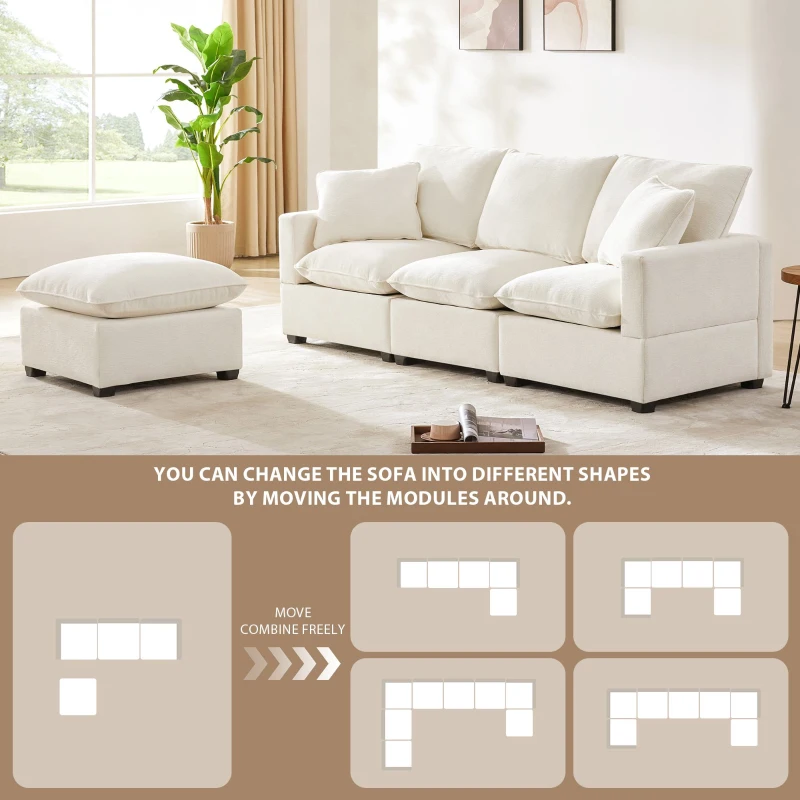 84" x 57" Modern 4-Seat Chenille Modular Sofa Set with 2 Pillows, Freely Combinable, for Living Room, 84″ L x 57″ W x 37″ H, White