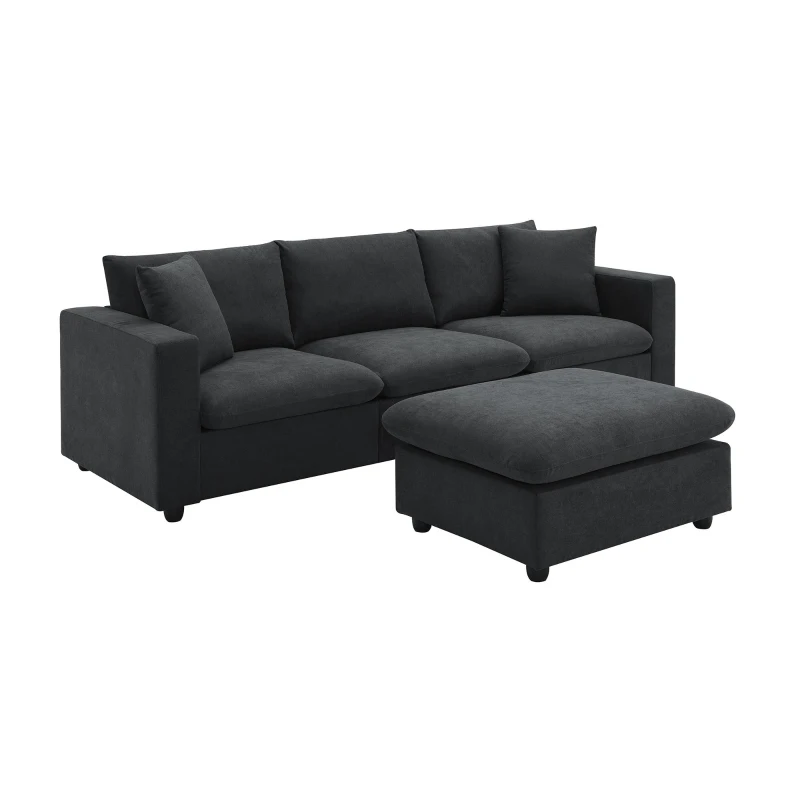Modern L-Shaped 4-Seat Polyester Fabric Sectional Sofa Set with Convertible Ottoman and 2 Free Pillows, for Living Room, Black