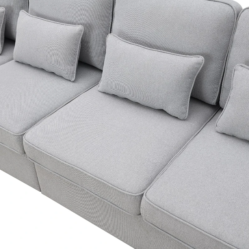 104" 4-Seater Modern Linen Fabric Sofa with Armrest Pockets and 4 Pillows, Minimalist Style, 104″ L x 33″ W x 34.5″ H, Light Gray