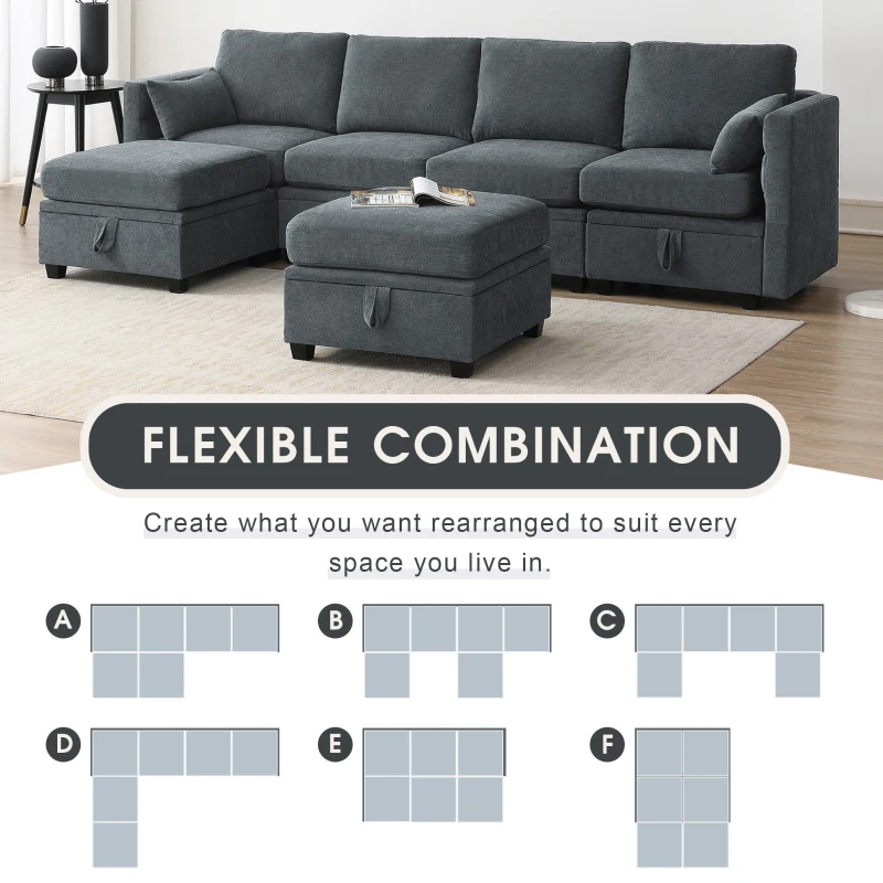 109" U-Shaped Chenille Modular Sectional Sofa with Adjustable Armrests and Backrests, 6-Seat Reversible Sofa, 109″ L x 55″ W x 33″ H, Grey