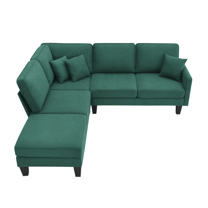 Modern 5-Seat L-Shape Sectional Sofa Set with Chaise Lounge and 3 Pillows, Terrycloth Fabric, 90″ L x 88″ W x 35″ H, Green