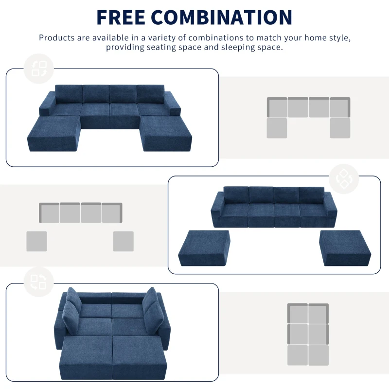 110" x 72" Luxury Chenille Upholstered Floor Couch Set with Foam-Filled, U Shaped Sofa for Living Room, Free Combination, Navy