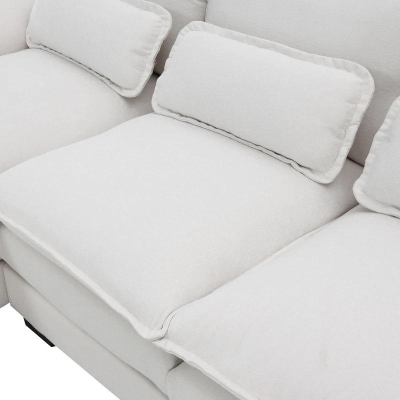 Modern U-Shaped 6-Seat Sectional Sofa with Chaise Lounge, Upholstered Sleeper Couch with Waist Pillows, 110″ L x 55″ W x 33″ H, White
