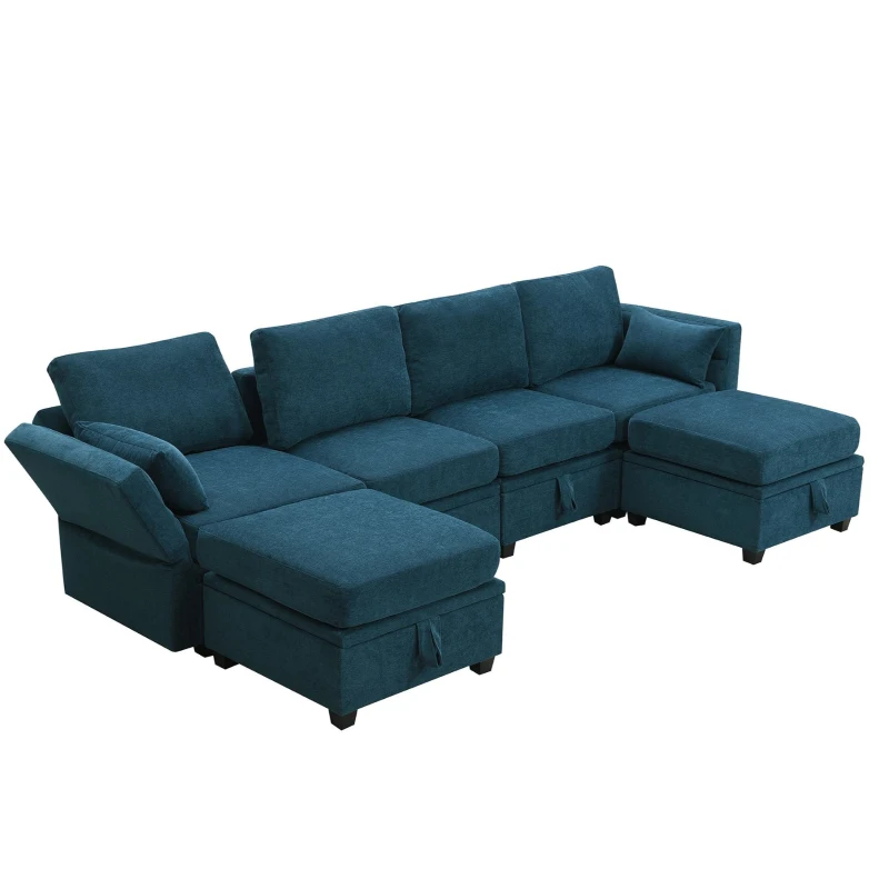 109" U-Shaped Chenille Modular Sectional Sofa with Adjustable Armrests and Backrests, 6-Seat Reversible Sofa, 109″ L x 55″ W x 33″ H, Blue