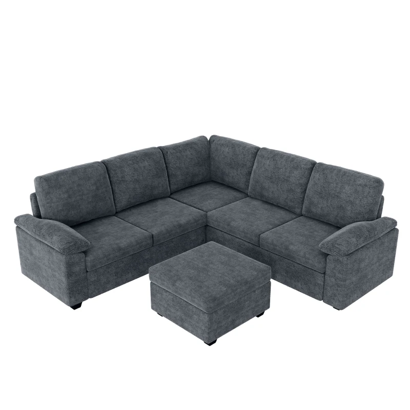 84" x 84" Modern Velvet Sectional Sofa Set with Ottoman and Armrest Pillow, 6-Seat Furniture for Living Room, 84″ L x 84″ W x 35″ H, Gray
