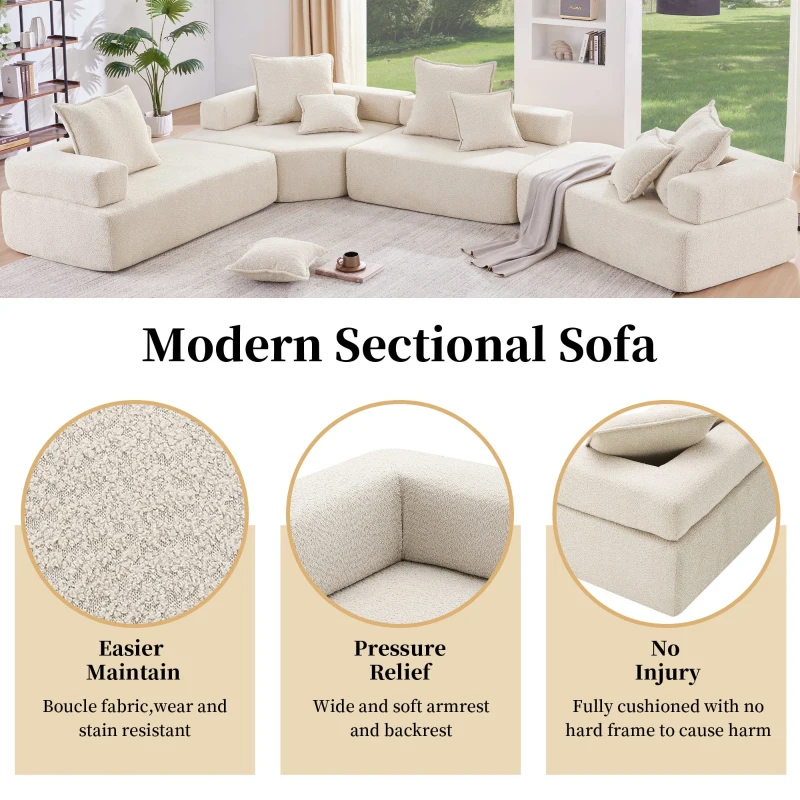 Lounge Frame for Oversized Modular U Shaped Sectional Sofa, Spacious Foam-Filled Sofa Bed for Living Room, 56" L x 36" W x 24.5" H, Beige