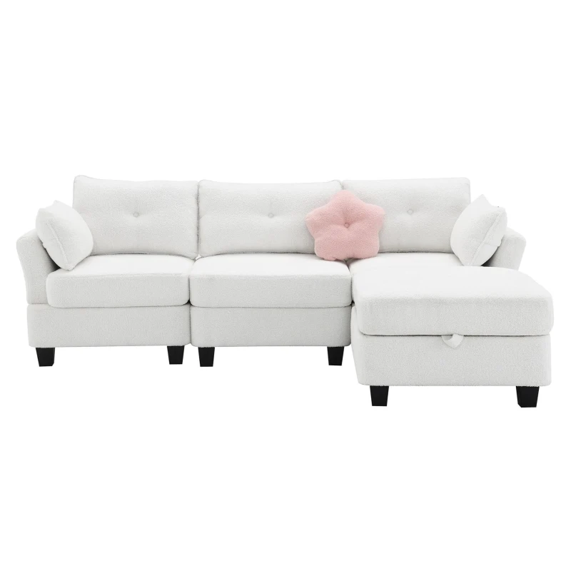 92" x 63" Modern L-Shaped Teddy Velvet Sectional Sofa with Charging Ports, Storage Ottoman and 3 Pillows, for Living Room, Beige