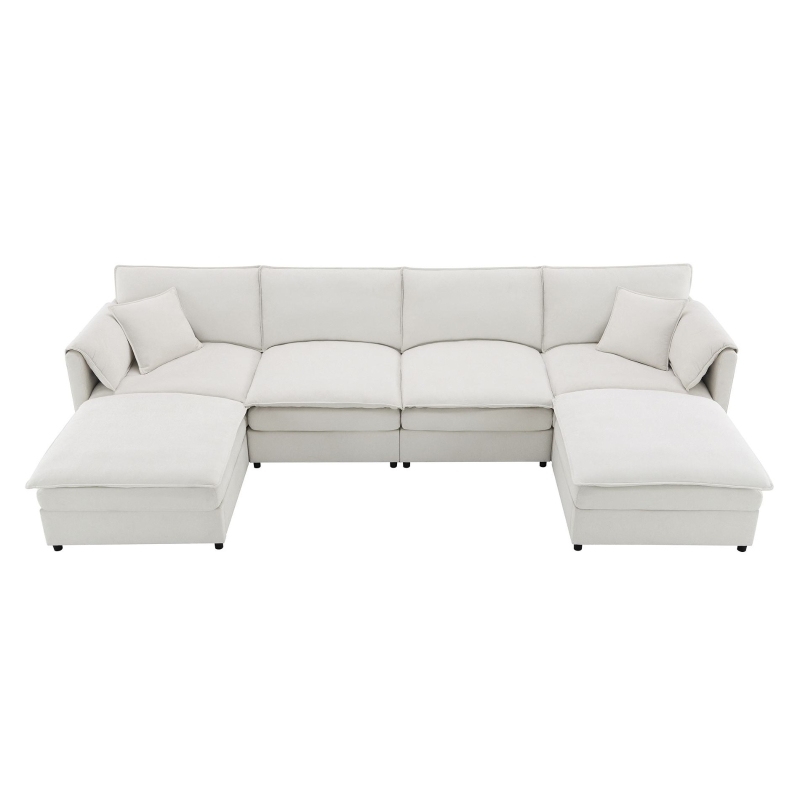 134" Chenille Modular Sectional 6 Seat Sleeper Sofa Bed with Ottomans, Double Cushions, for Living Room, 134″ L x 66″ W x 35″ H, Cream