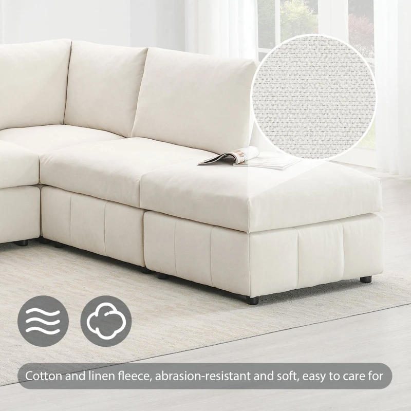 93" Modern Sectional Sofa with Convertible Ottomans and Vertical Stripes, 5-Seat L-Shape Armless Couch Set for Living Room, Beige