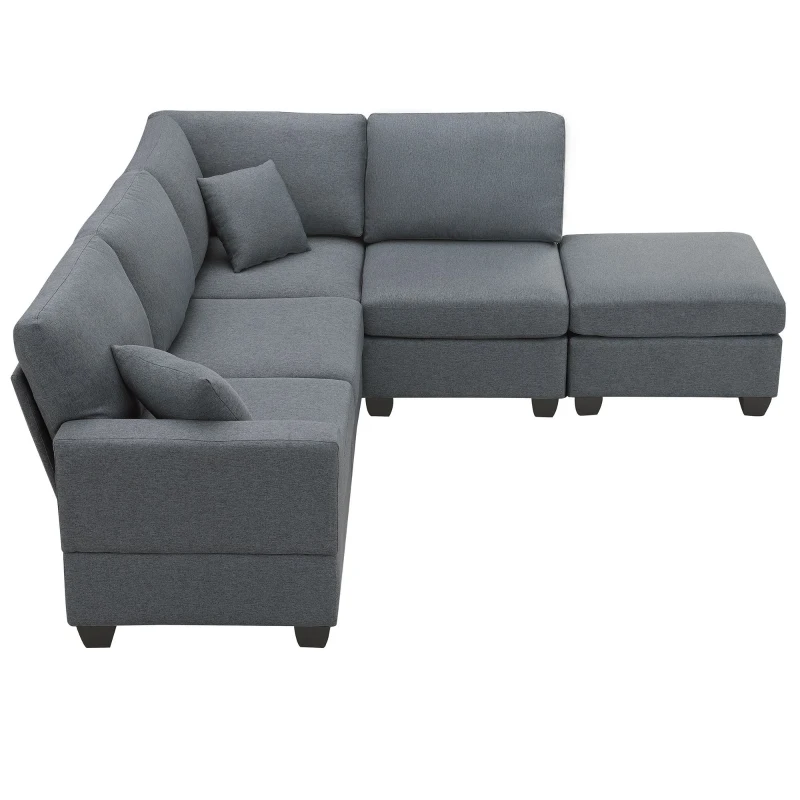 90" Modern L-Shape 5-Seat Sectional Sofa Set with Convertible Ottoman and 2 Pillows, Linen Fabric Couch, 90″ L x 60″ W x 32″ H, Dark Grey