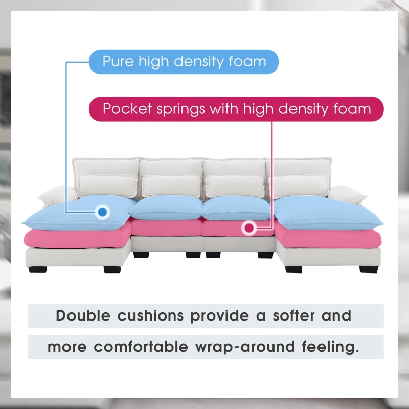 Modern U-Shaped 6-Seat Sectional Sofa with Chaise Lounge, Upholstered Sleeper Couch with Waist Pillows, 110″ L x 55″ W x 33″ H, White