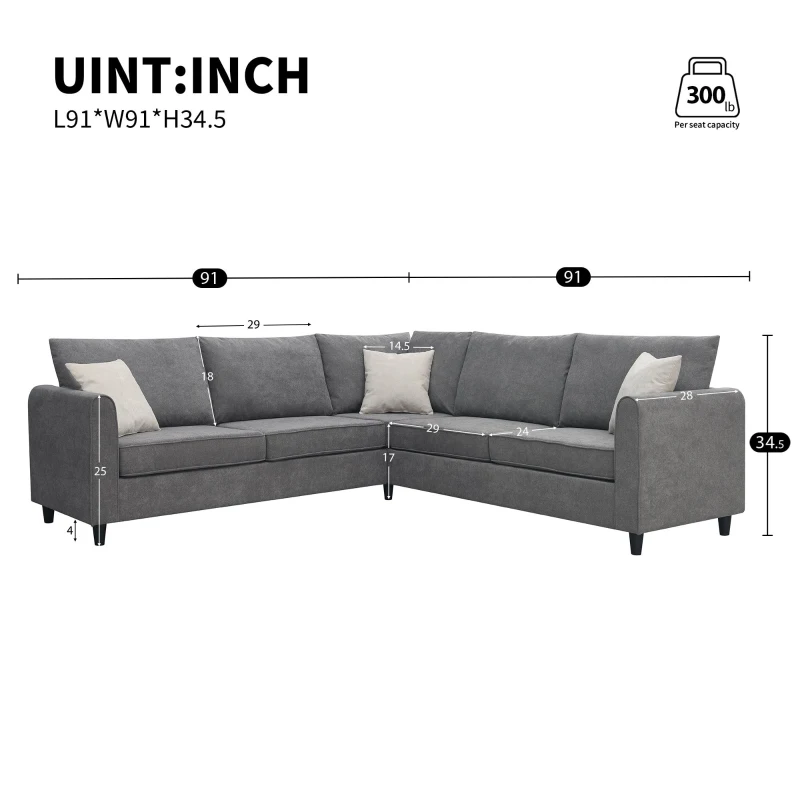 91" x 91" Modern Upholstered Living Room Sectional Sofa, L Shape Couch with 3 Pillows, Easy Assembly, 91″ L x 91″ W x 33.5″ H, Gray