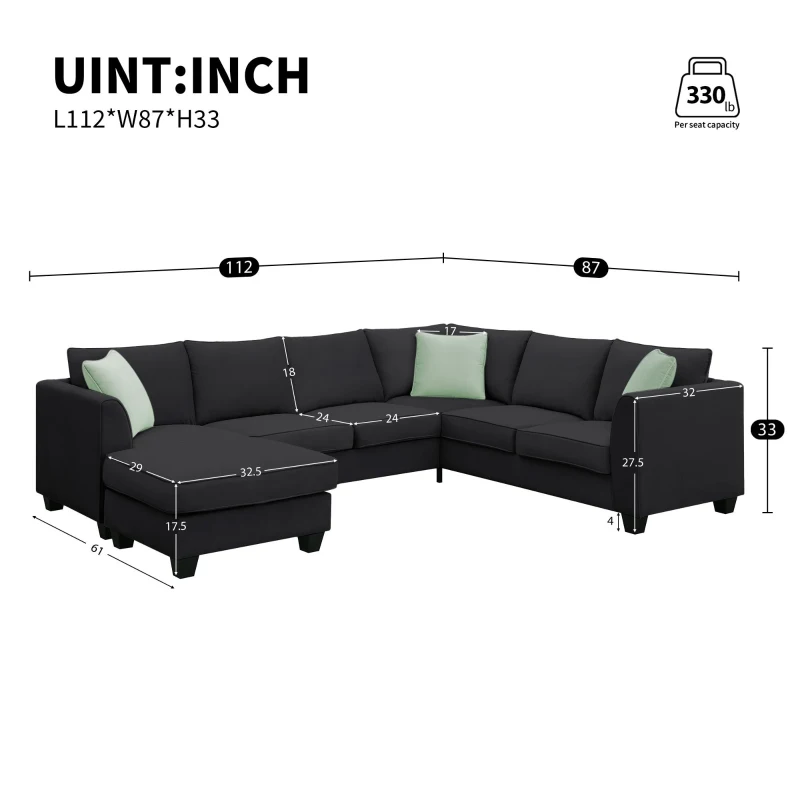 112" x 87" 7-Seater Modular Sofa with Ottoman and 3 Pillows, L-Shaped Fabric Couch Set, Modern Living Room Furniture, Black