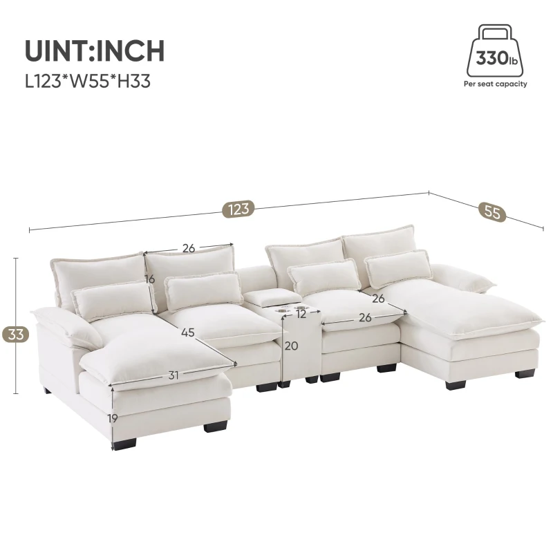 123" Modern U-Shaped 6-Seat Upholstered Sleeper Sofa Set with Console, Cupholders, USB Ports, and Chaise, 123″ L x 55″ W x 33″ H, White