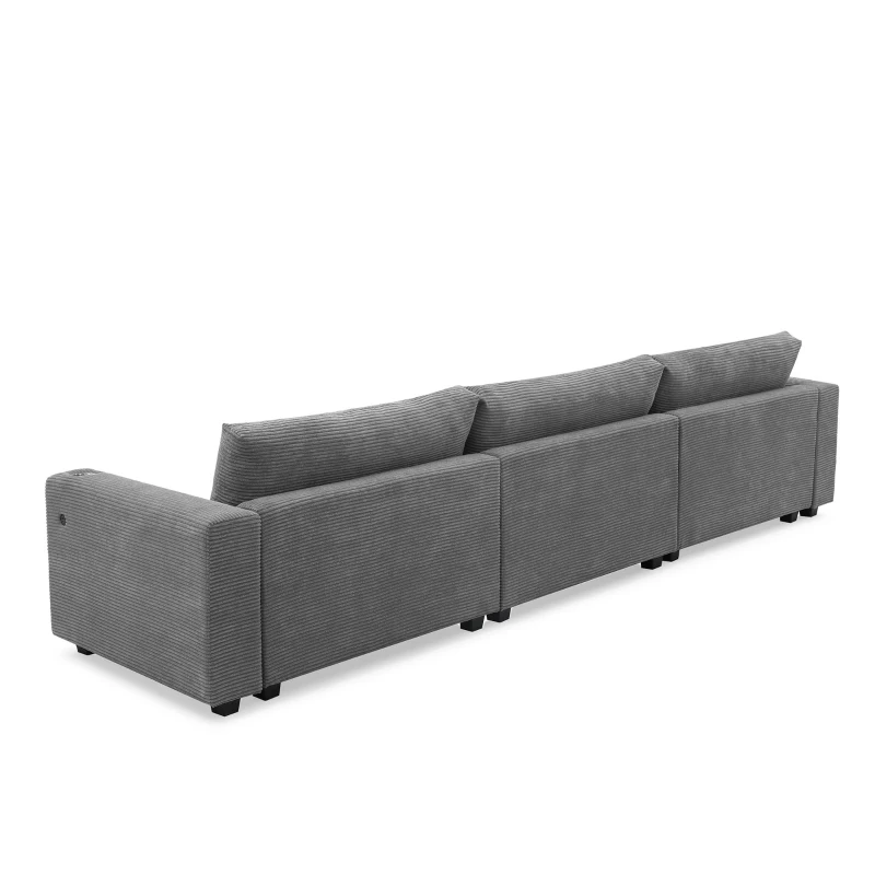 Oversized Corduroy Sectional Sofa with USB Charging Port and Cup Holder, Deep Seat Sofa Bed with 50" Chaise, 134″ L x 54″ W x 25″ H, Gray