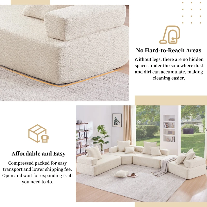 Lounge Frame for Oversized Modular U Shaped Sectional Sofa, Spacious Foam-Filled Sofa Bed for Living Room, 56" L x 36" W x 24.5" H, Beige