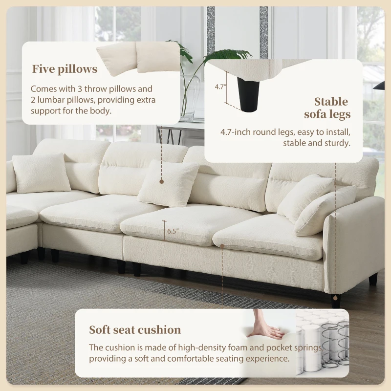 110" x 62" Modern L-Shaped Convertible Sectional Sofa with Free Pillows, 5-Seat Furniture for Living Room, 110″ L x 62″ W x 34″ H, Beige