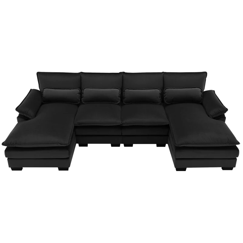 Modern U-Shaped 6-Seat Sectional Sofa with Chaise Lounge, Upholstered Sleeper Couch with Waist Pillows, 110″ L x 55″ W x 33″ H, Black