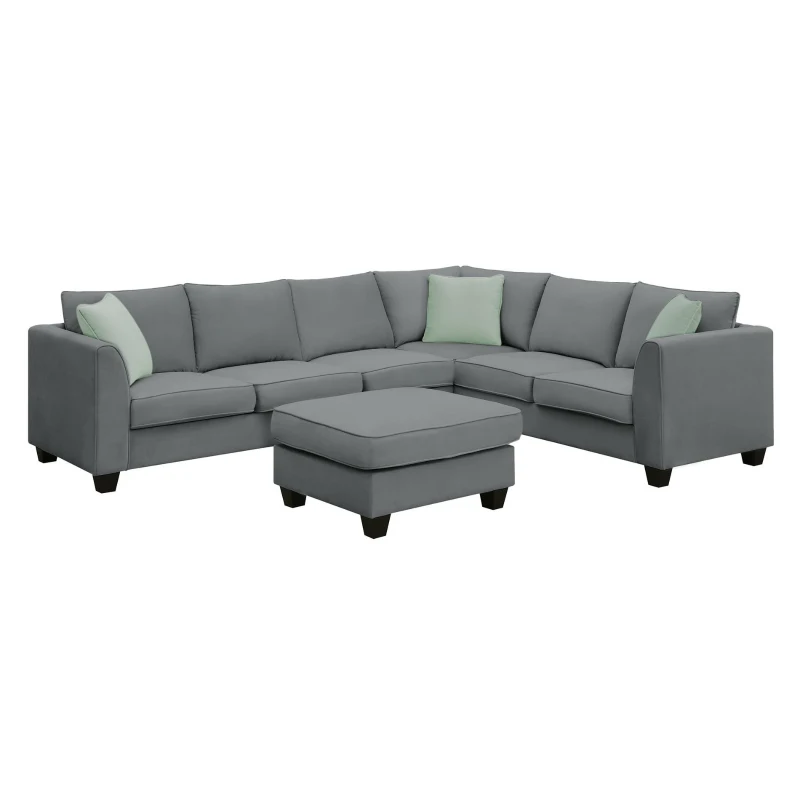 112" x 87" 7-Seater Modular Sofa with Ottoman and 3 Pillows, L-Shaped Fabric Couch Set, Modern Living Room Furniture, Gray