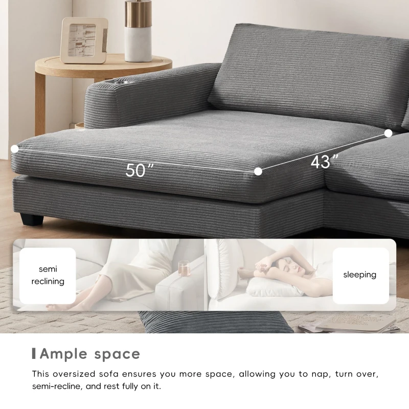 Oversized Corduroy Sectional Sofa with USB Charging Port and Cup Holder, Deep Seat Sofa Bed with 50" Chaise, 134″ L x 54″ W x 25″ H, Gray