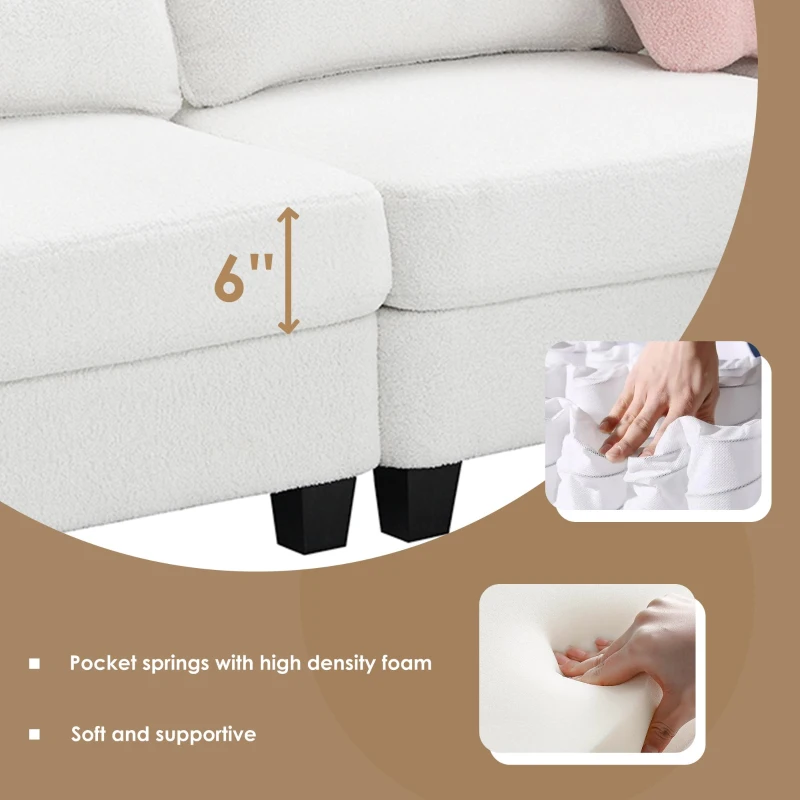 92" x 63" Modern L-Shaped Teddy Velvet Sectional Sofa with Charging Ports, Storage Ottoman and 3 Pillows, for Living Room, Beige