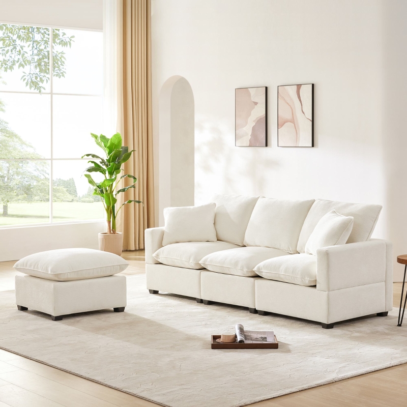 84" x 57" Modern 4-Seat Chenille Modular Sofa Set with 2 Pillows, Freely Combinable, for Living Room, 84″ L x 57″ W x 37″ H, White