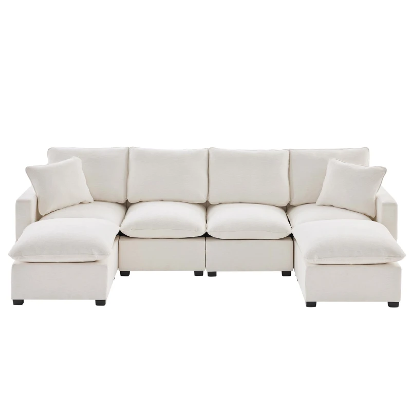 110" Modern U Shape Modular Sofa with 2 Pillows, 6 Seat Chenille Sectional Couch Set, Freely Combinable, 110″ L x 57″ W x 37″ H, White