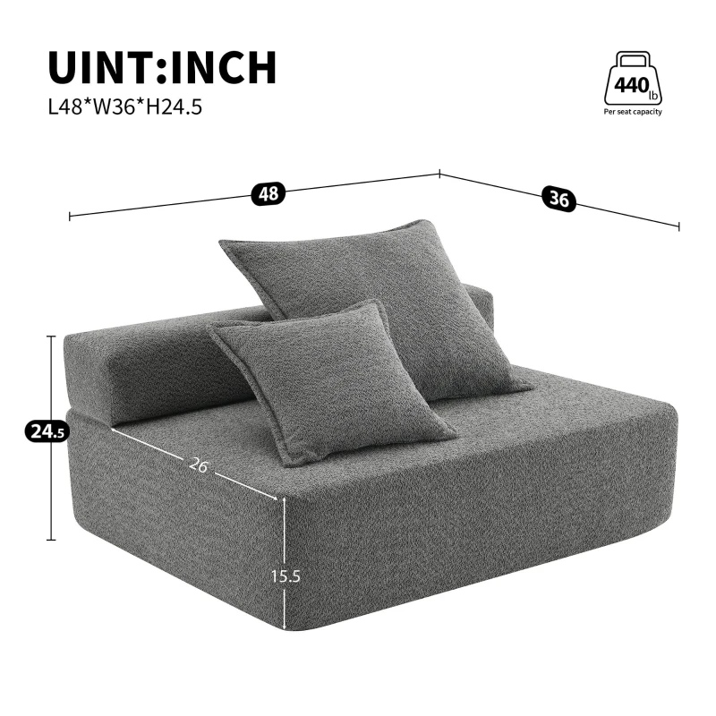 Loveseat Frame for Oversized Modular U Shaped Sectional Sofa, Spacious Foam-Filled Sofa Bed for Living Room, 48" L x 36" W x 24.5" H, Gray