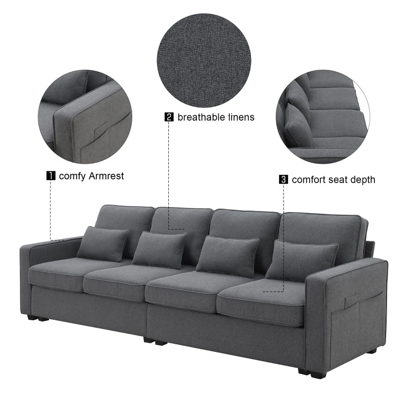 104" 4-Seater Modern Linen Fabric Sofa with Armrest Pockets and 4 Pillows, Minimalist Style, 104″ L x 33″ W x 34.5″ H, Dark Gray