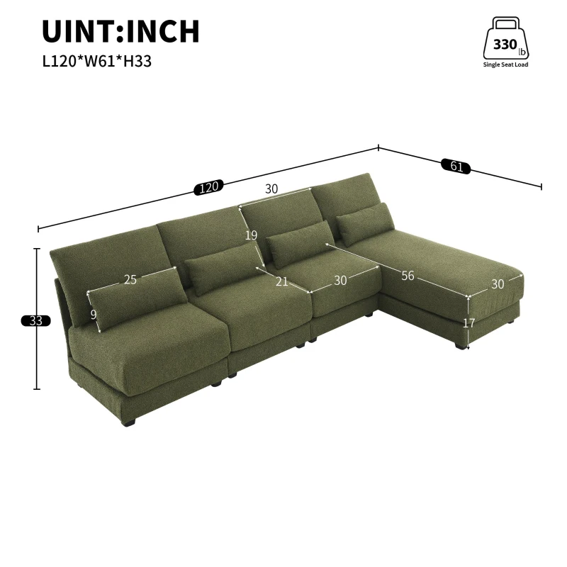 Oversized Deep Seat Sectional Sofa with Reversible Chaise, Loop Yarn Fabric, 5-Seat Couch for Living Room, 120″ L x 61″ W x 33″ H, Green