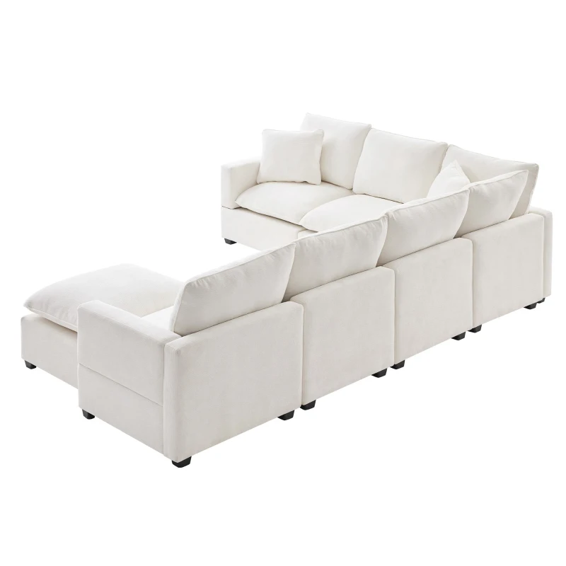 110" x 84" Modern U-Shape 7-Seat Chenille Modular Sofa Set with 2 Pillows, Freely Combinable for Living Room, 110″ L x 84″ W x 37″ H, White