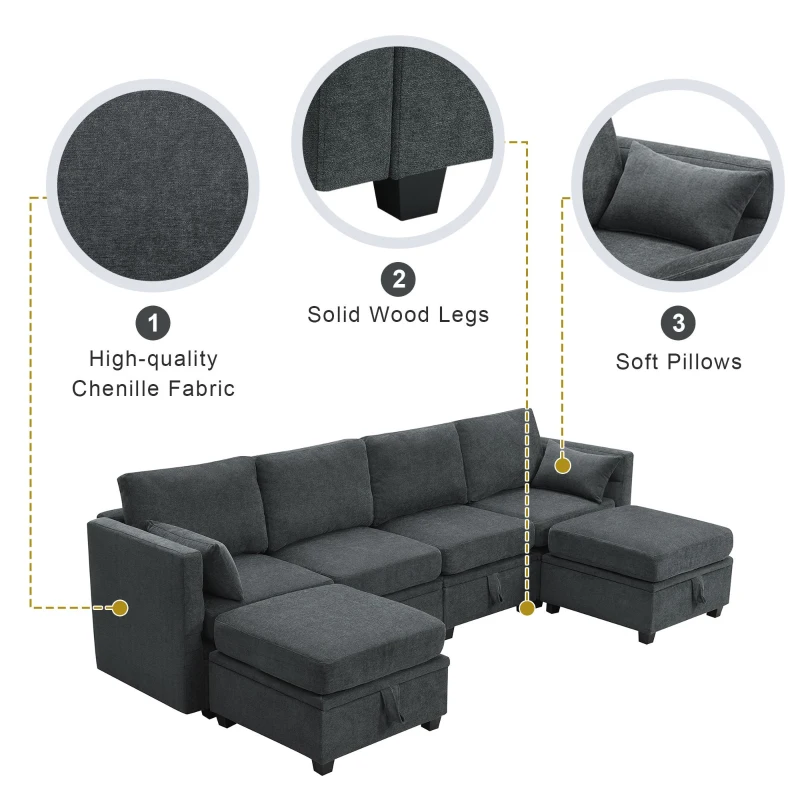109" U-Shaped Chenille Modular Sectional Sofa with Adjustable Armrests and Backrests, 6-Seat Reversible Sofa, 109″ L x 55″ W x 33″ H, Grey