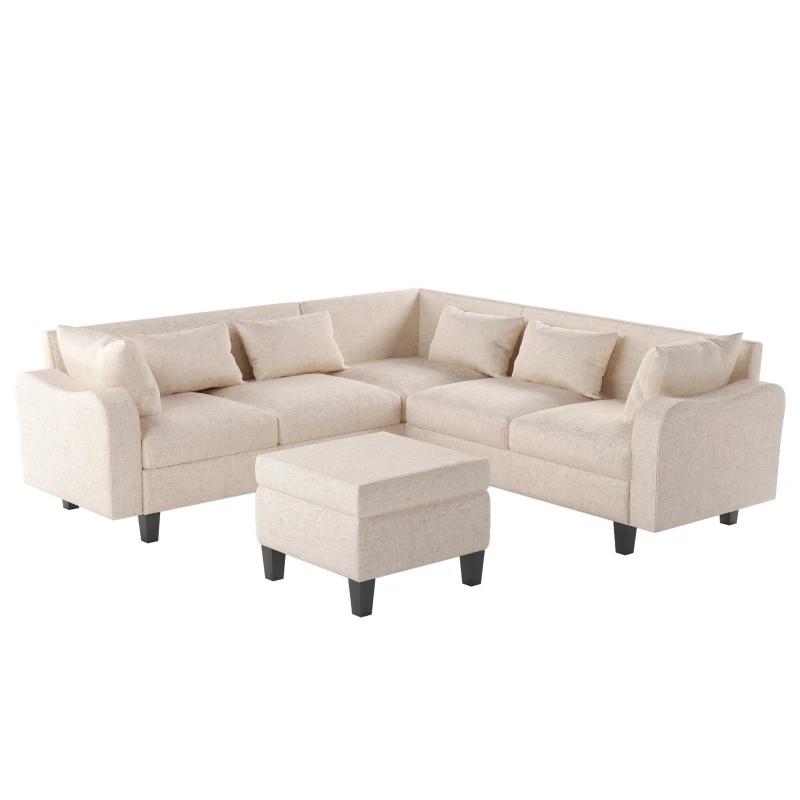 87" Modern Sectional Sofa with Coffee Table, Ottoman, Armrests, 6 Pillows, 6-Seat Couch for Living Room, 87″ L x 87″ W x 30″ H, Beige