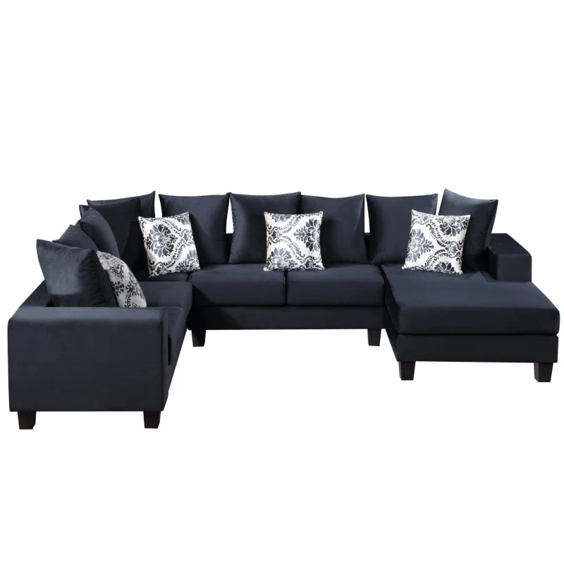 110" x 85" Modern U-Shape Velvet Corner Sectional Sofa with Lots of Pillows, Elegant and Functional Indoor Furniture, for Living Room, Black