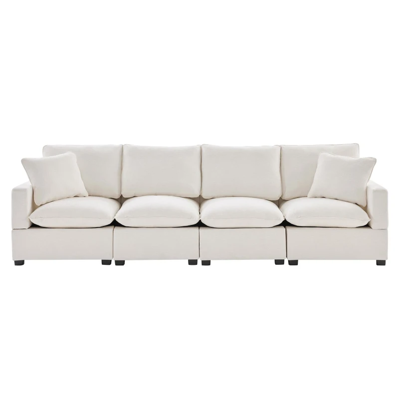 110" Modern 4-Seat Chenille Modular Sofa Set with 2 Pillows, Freely Combinable, for Living Room, 110″ L x 29″ W x 37″ H, White