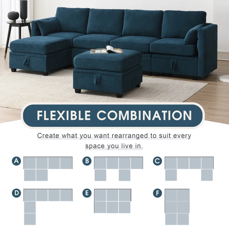 109" U-Shaped Chenille Modular Sectional Sofa with Adjustable Armrests and Backrests, 6-Seat Reversible Sofa, 109″ L x 55″ W x 33″ H, Blue