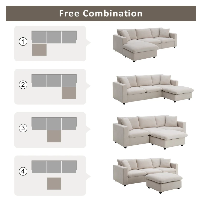 Modern L-Shaped 4-Seat Polyester Fabric Sectional Sofa Set with Convertible Ottoman and 2 Free Pillows, for Living Room, Beige