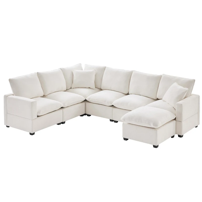 110" x 84" Modern U-Shape 7-Seat Chenille Modular Sofa Set with 2 Pillows, Freely Combinable for Living Room, 110″ L x 84″ W x 37″ H, White