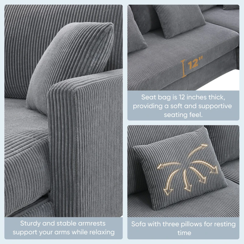 87" x 61" Modern L-Shaped Corduroy Sofa with Reversible Chaise, 4-Seat, Couch with Pillows for Living Room, 87″ L x 61″ W x 33″ H, Gray