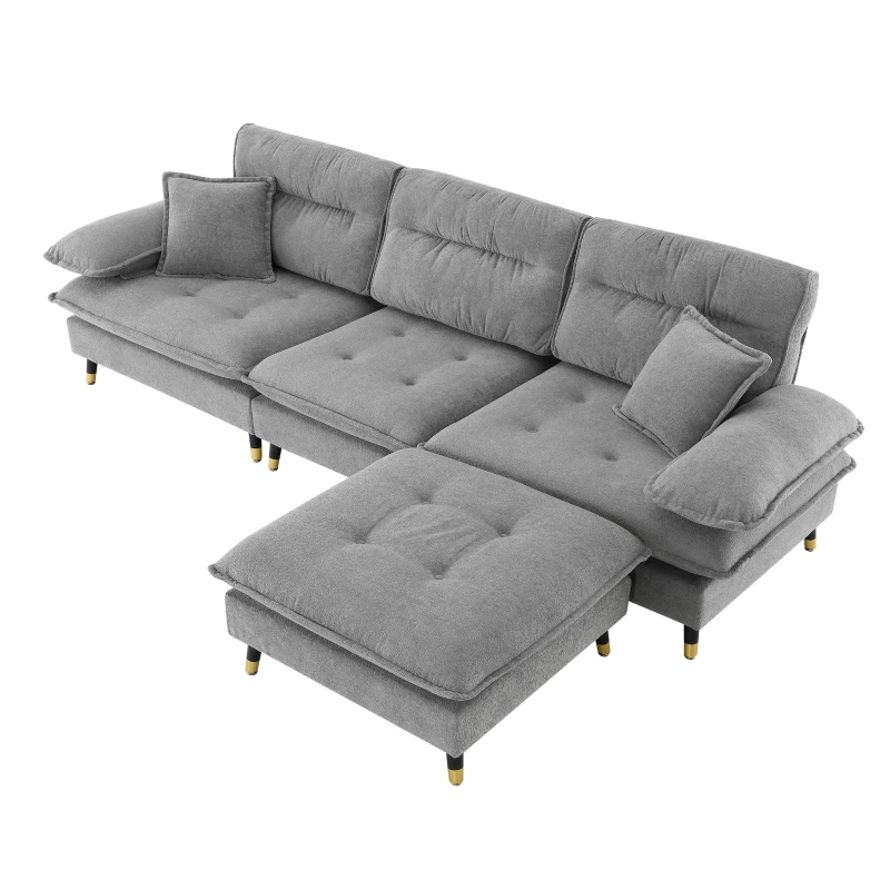 106" L-Shaped Convertible Tufted Sectional Sofa with 4-Seat, Adjustable Legs, Movable Ottoman for Living Room, 106″ L x 66.5″ W x 34″ H, Gray