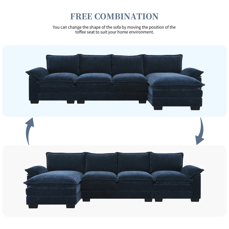 118" x 55" Modern L-Shaped Chenille Cloud Sofa with Double Seat Cushions and Chaise Lounge, 5-Seat Couch for Living Room, Dark Navy