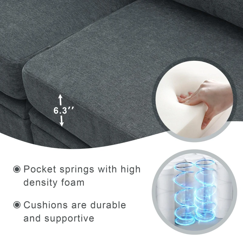 109" U-Shaped Chenille Modular Sectional Sofa with Adjustable Armrests and Backrests, 6-Seat Reversible Sofa, 109″ L x 55″ W x 33″ H, Grey